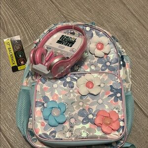 Floral Kids Backpack with Pink Headphones and detachable Lunch bag